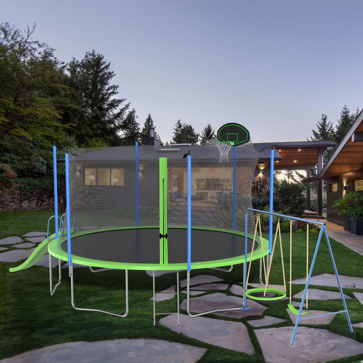 12FT Trampoline with Slide and Swings, Large Outdoor Backyard Trampoline with Basketball Hoop and Ladder for Kids and Adults