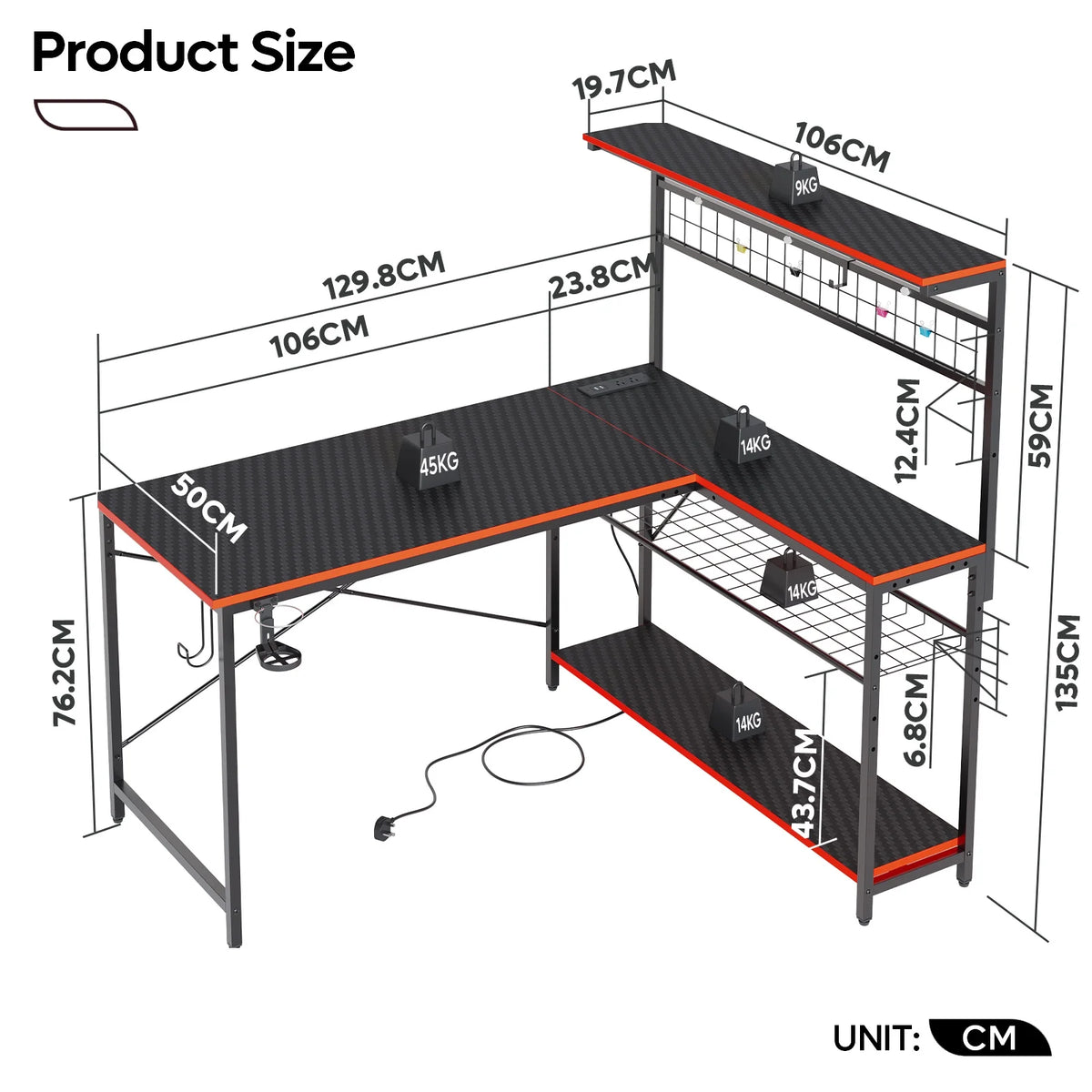 Bestier 51 L Shaped Gaming Desk with Power Outlets & LED Light, Computer Desk with 4 Tiers Shelves for Home Office, Reversible Gamer Table with Hooks and Cup Holder, Carbon Fiber