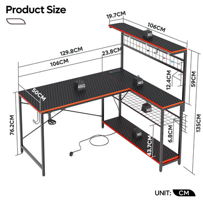 Bestier 51 L Shaped Gaming Desk with Power Outlets & LED Light, Computer Desk with 4 Tiers Shelves for Home Office, Reversible Gamer Table with Hooks and Cup Holder, Carbon Fiber