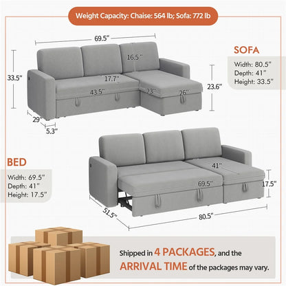 Alden Design Reversible Sectional Sofa with USB & Type-C Ports for Livingroom, Light Gray