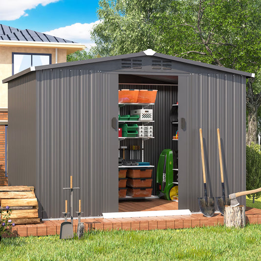 U-MAX 8 x 6 ft. Wood Grain Outdoor Metal Storage Shed with Lockable Door Patio Garden Storage Building for Outside