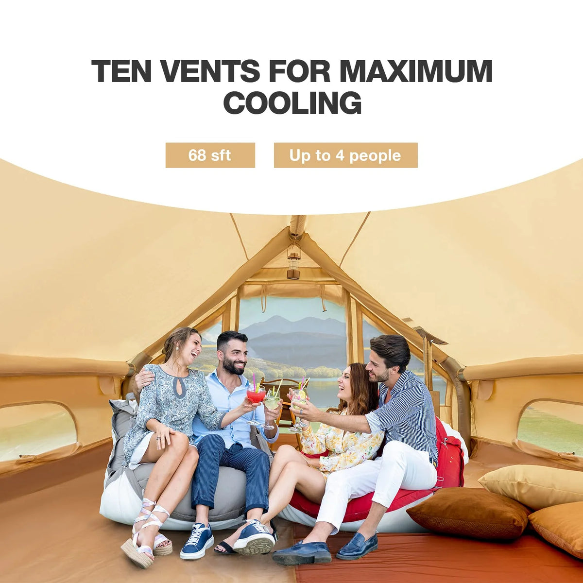 Yoleny 12'x8' Inflatable Tent, 96 SFT Blow Up Tent for Camping, 4 Season Oxford Glamping Tents with Clear Skylight, Pump & Stove Jack