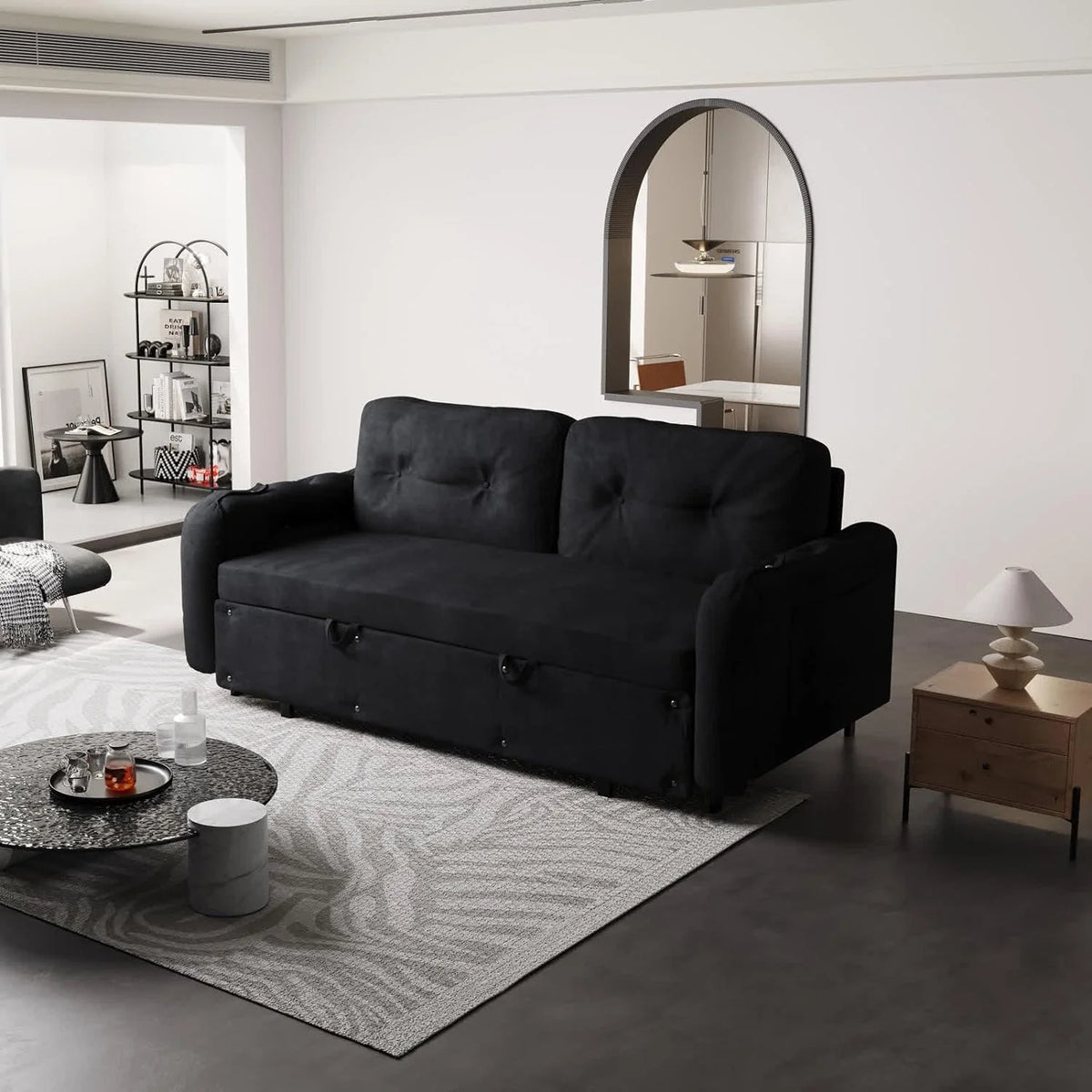 Tabaray 63.8" Futon Sofa Bed Queen Size, Pull Out Bed, 3-in-1 Convertible Sleeper Sofa with Side Pocket, Modern Plush Velvet Futon Couch for Living Room, Small Space, Apartment, Bedroom, Black