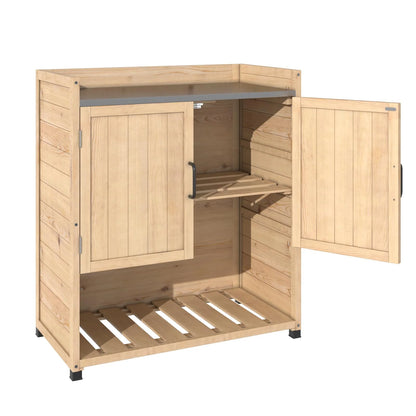 YODOLLA Potting Bench, Wooden Outdoor Storage Cabinet with Adjustable Shelf, Patio Storage with Metal Tabletop, Potting Table for Garden, Patio and Lawns, Gray
