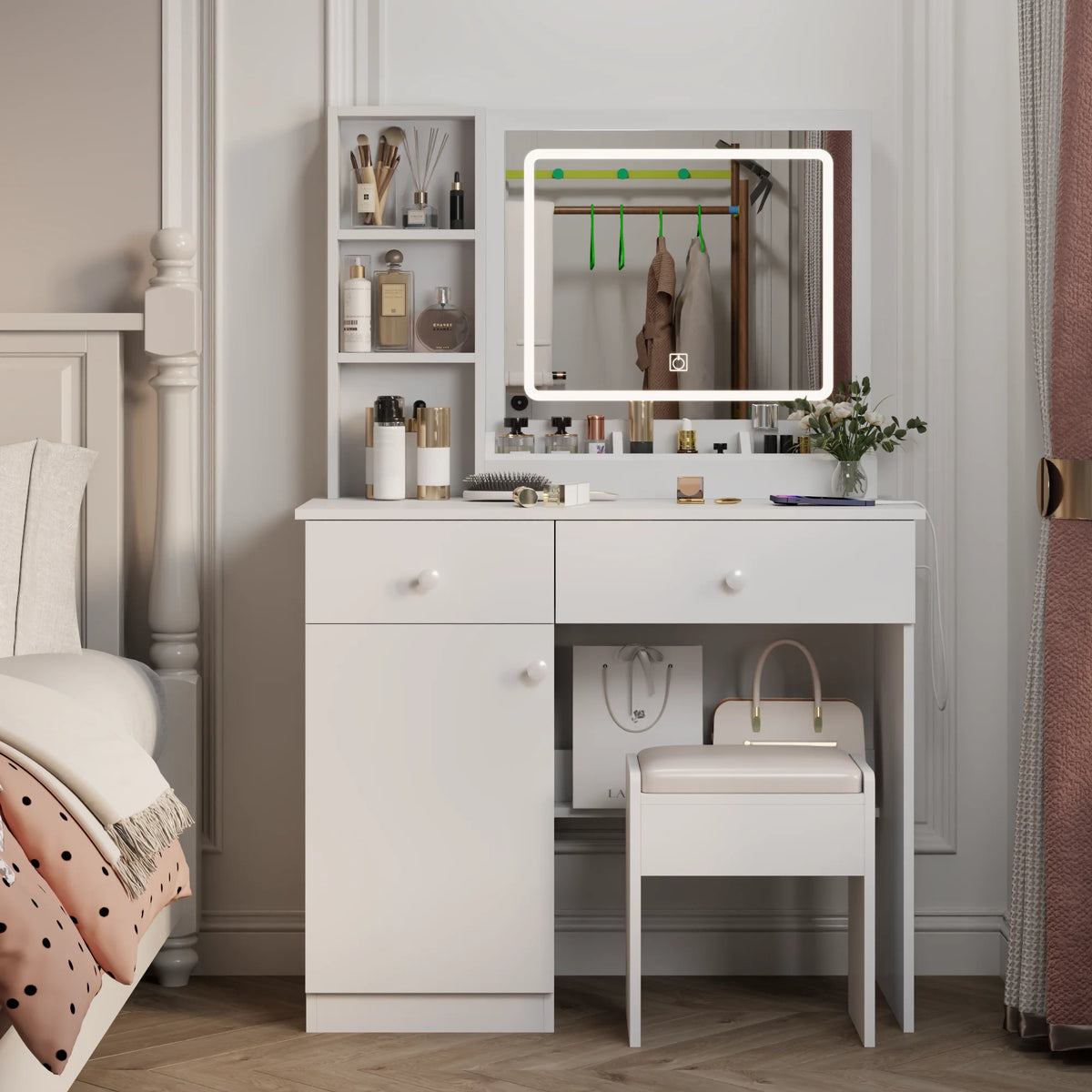 Wohh MDF Makeup Vanity with LED Mirror, Dressing Table and 5 Drawers, White