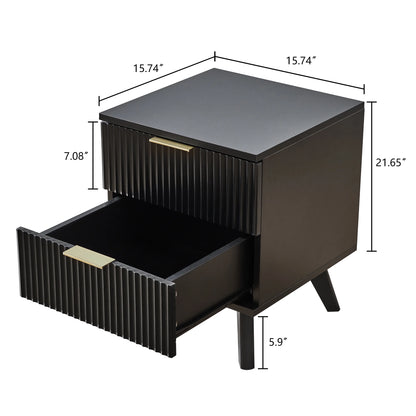 YOCWO Fluted Nightstand for Bedroom Set of 2 , Wood Bedside Table Set of 2 with Drawers, Black