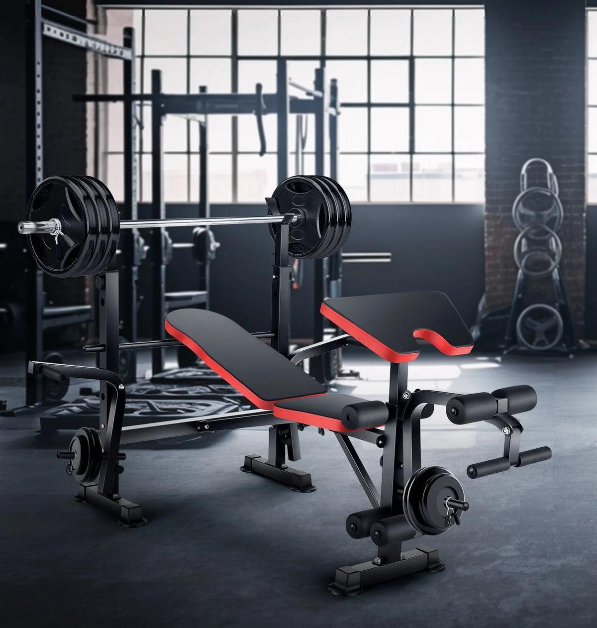 VIBESPARK Adjustable Weight Bench 600lbs 5-in-1 Foldable Workout Bench Set with Barbell Rack Leg Developer Preacher Curl Rack Dumbbell Fly Attachment, Multi-Function Strength Training Bench Press