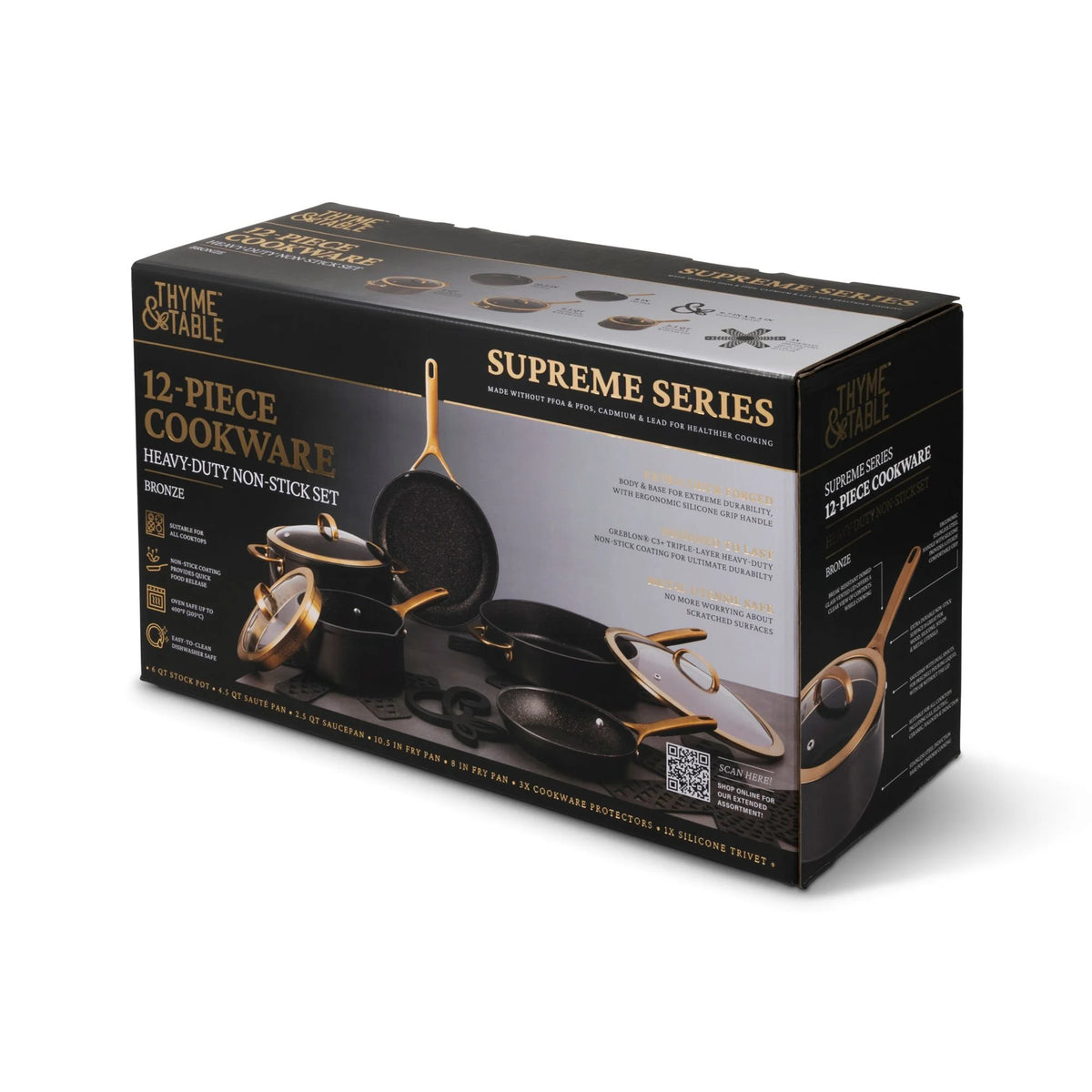 Thyme & Table Supreme 12-Piece Non-Stick Cookware Set, Pots and Pans Set- Bronze