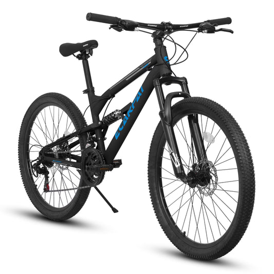 26 Inch Mountain Bike, Dual Full Suspension 21-Speed Disc Brakes Thumb Shifter, Carbon Steel Frame Mountain Bike, Mens Womens Trail Commuter City Bicycles
