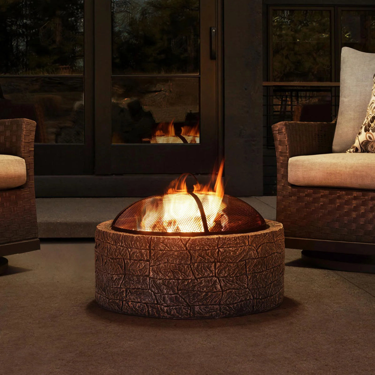 Sunjoy Stone Fire Pit 26 Inch, Outdoor Round Wood Burning Fire Pits with Spark Screen and Poker  Grey