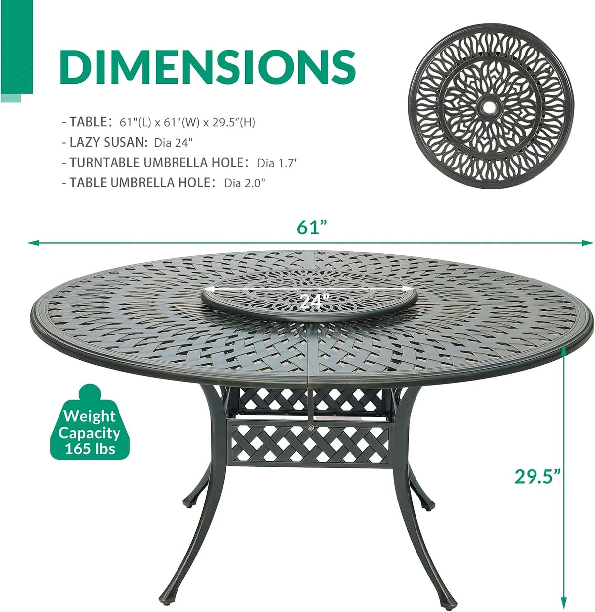 VIVIJASON Outdoor 61" Patio Dining Table for 6-8 Person, Large Patio Round Dining Table with 24" Lazy Susan, Dark Bronze Cast Aluminum Rustic Patio Table W/Umbrella Hole for Balcony, Porch and Deck
