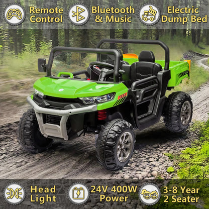 Xuanlur 24V 2 Seater Kids Ride on Car Truck, Ride on UTV W/ 2x200W Motor, 24 Volt Ride on Toys W/ Dump Bed/Shovel, Electric Car for Kids W/ Durable Tires, LED Light, Music, Remote Control, Black