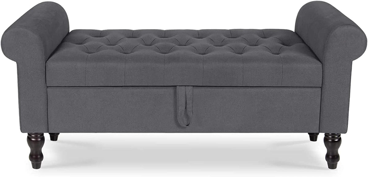 Storage Bench with Upholstered Rolled Arm Ottoman Bench Couch w/ Solid Wood Legs for Bedroom End of Bed,and Living room,Gray