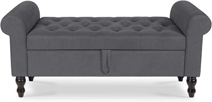 Storage Bench with Upholstered Rolled Arm Ottoman Bench Couch w/ Solid Wood Legs for Bedroom End of Bed,and Living room,Gray