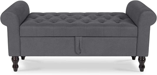 Storage Bench with Upholstered Rolled Arm Ottoman Bench Couch w/ Solid Wood Legs for Bedroom End of Bed,and Living room,Gray