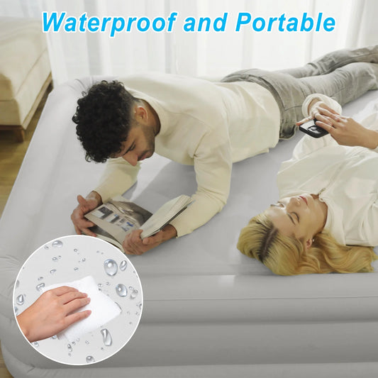 Air Mattress Queen with Built in Pump,Blow Up Mattress with Fiber-Tech, Inflatable Camping Bed, 3-Min Self Inflating with Carrying Bag (18��White Grey)