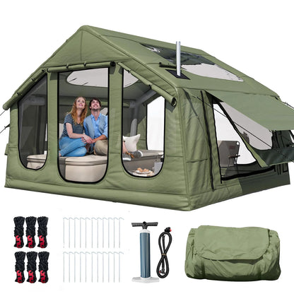 Yoleny 12'x8' Inflatable Tent, 96 SFT Blow Up Tent for Camping, 4 Season Oxford Glamping Tents with Clear Skylight, Pump & Stove Jack