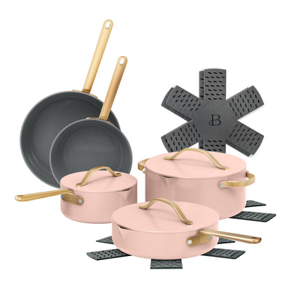 Beautiful 12pc Ceramic Non-Stick Cookware Set with Strainer Lids, White Icing by Drew Barrymore