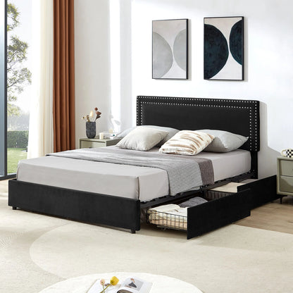 VECELO Full Bed Frame with 4 Storage Drawers (Wheeled) and Tufted Upholstered Adjustable Headboard Platform Bed, Beige