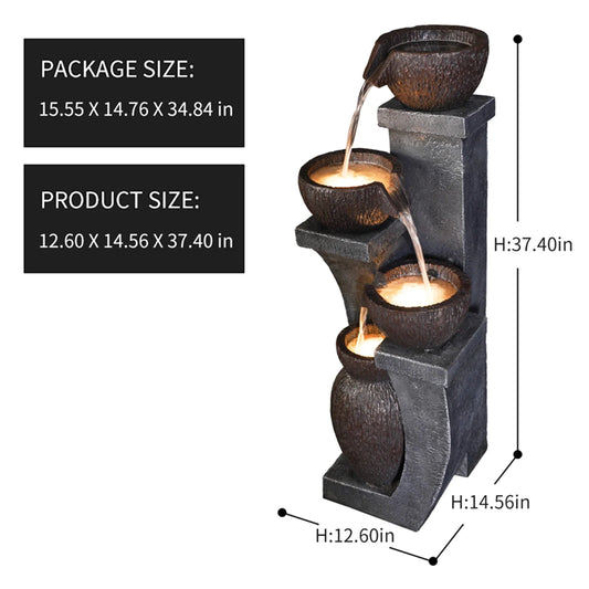 37.4��H Outdoor Water Fountain with 4 Crocks, Modern LED Lighted Garden Floor Fountain for Patios and Yards �C Durable Resin Water Feature with Cascading Waterfall Design for Indoor/Outdoor D��cor
