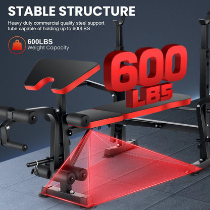 VIBESPARK Adjustable Weight Bench 600lbs 5-in-1 Foldable Workout Bench Set with Barbell Rack Leg Developer Preacher Curl Rack Dumbbell Fly Attachment, Multi-Function Strength Training Bench Press