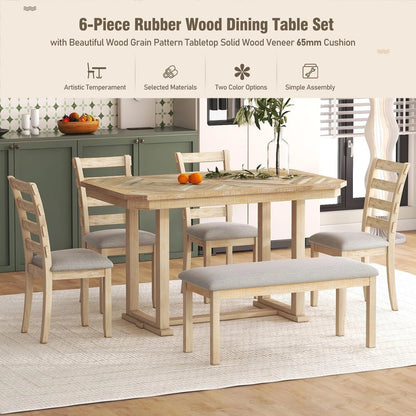 Bellemave 6-Piece Dining Table Set, Rubber Wood Rectangular Kitchen Table Set for 6, Farmhouse Dining Table Set with 4 Upholstered Chairs and Bench (Gray)