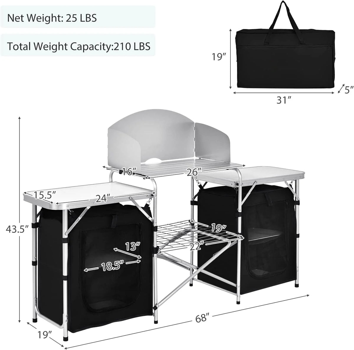 Camping Kitchen Table with Storage, Aluminum Portable Outdoor Cooking Table with Windscreen, Foldable Camp Table Cook Station for BBQ, Grill, Party, Picnics
