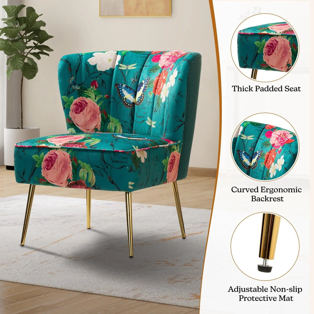 14 Karat Home Modern Floral Accent Armless Side Chair Metal Base Tufted Back Adult Bedroom Blue
