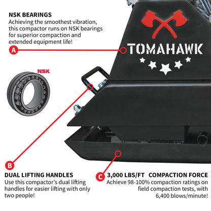 Tomahawk Power Plate Compactor 5.5 HP, 3000 lbs/ft, 63cc, Gas, 17 x 13 Plate Compactor, 5900 VPM