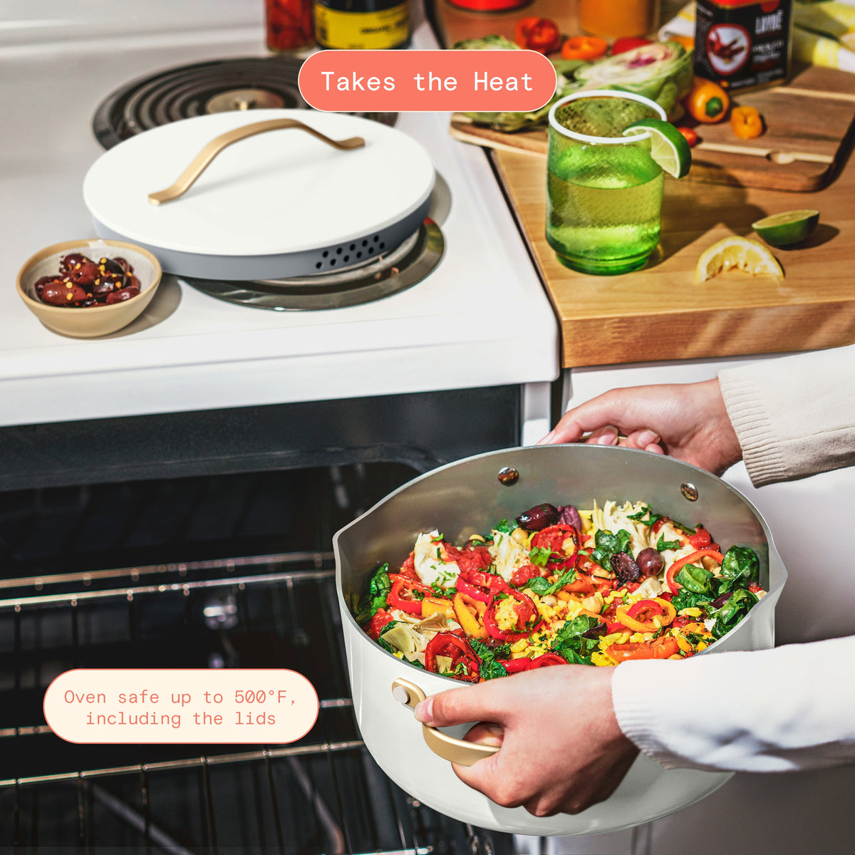Beautiful 12pc Ceramic Non-Stick Cookware Set with Strainer Lids, White Icing by Drew Barrymore
