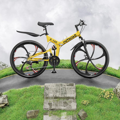 SUNCROWN 26 Inch Folding Mountain Bike, 21 Speed Full Suspension High-Carbon Steel MTB Foldable Bicycle, Dual Disc Brake Non-Slip Folding Bikes for Adults/Men/Women, Black