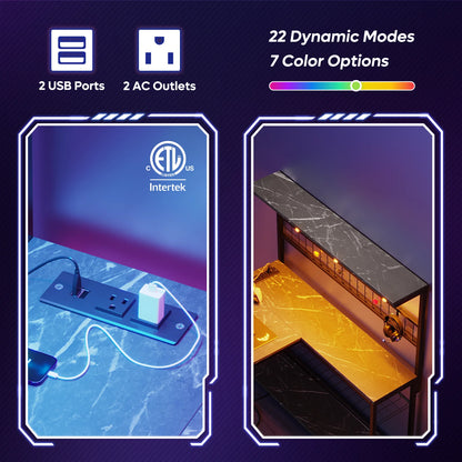 Bestier 51 L Shaped Gaming Desk with Power Outlets & LED Light, Computer Desk with 4 Tiers Shelves for Home Office, Reversible Gamer Table with Hooks and Cup Holder, Carbon Fiber