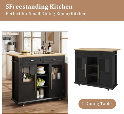 WALYWIK Foldable Kitchen Island Cart with Wheels, 2 Glass Doors, Spice Rack & Towel Holder �C Compact Mobile Storage Cart for Small Kitchens, Dining Rooms, Camping & RVs - Grey