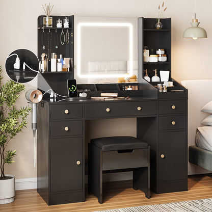 Vanity Set with Mirror and Lights, Makeup Table with Charging Station,5 Drawers & Storage Shelves, White