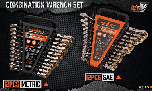 24PC Flex-Head Ratcheting Wrench Set Metric & SAE w/ Organizer 8-19mm 1/4"-7/8"