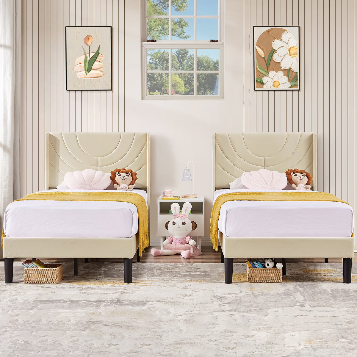 VECELO Set of 2 Twin Bed Frames, Modern Upholstered Platform Bed Frame with Tufted Headboard, No Box Spring Needed, Dark Green