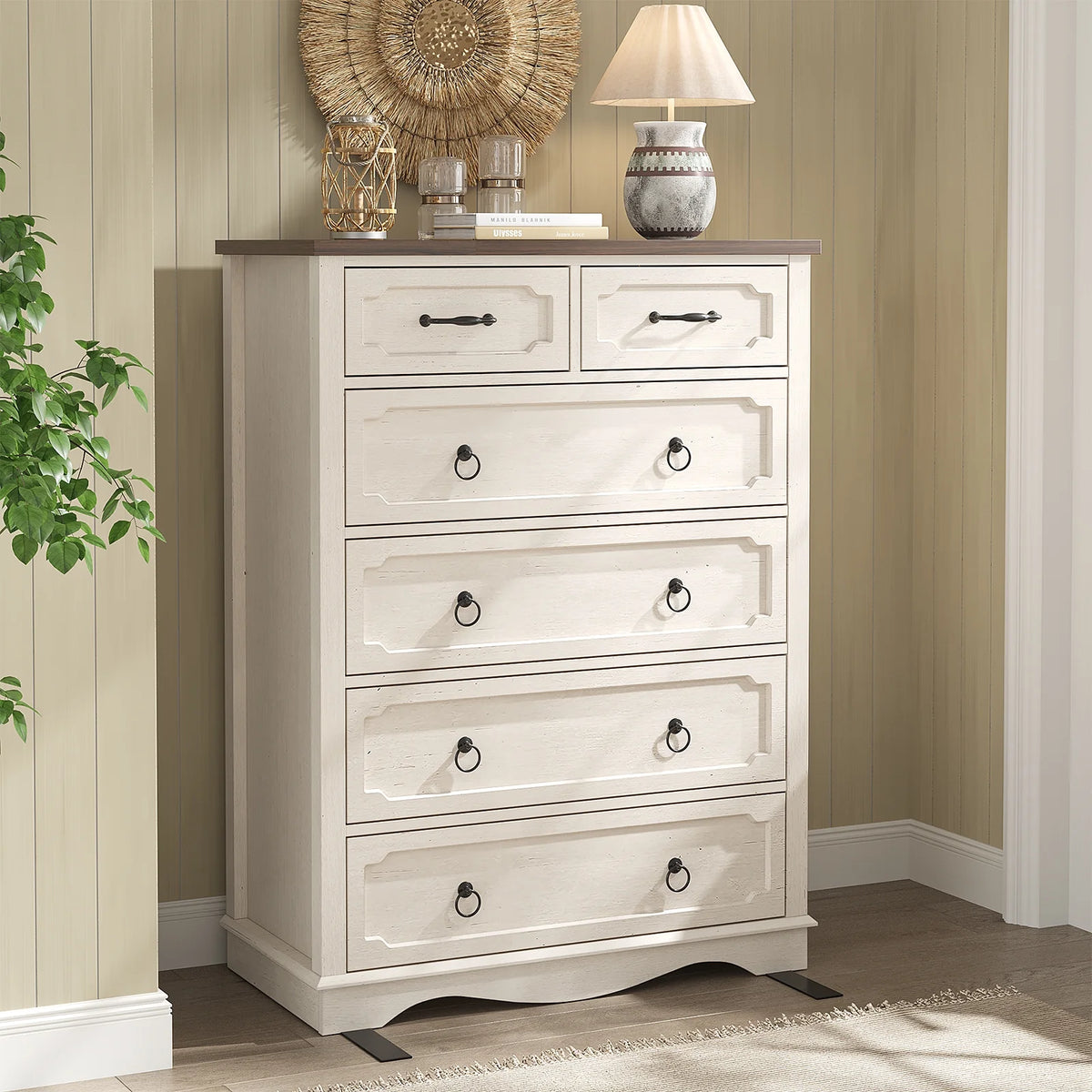 Vabches Farmhouse 6 Drawer Dresser, 43" Tall Chest of Drawers for Bedroom, Living Room, Hallway, Entryway, Antique White