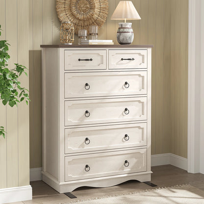 Vabches Farmhouse 6 Drawer Dresser, 43" Tall Chest of Drawers for Bedroom, Living Room, Hallway, Entryway, Antique White