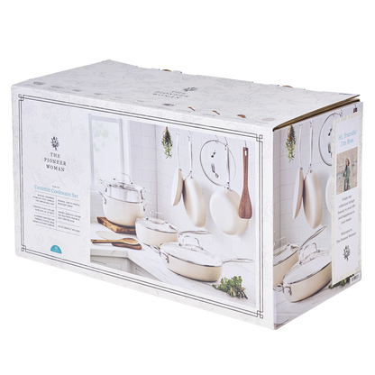 The Pioneer Woman Harlow 15-Piece Cookware Set, Ceramic Non-Stick Pots and Pans Set, Taupe