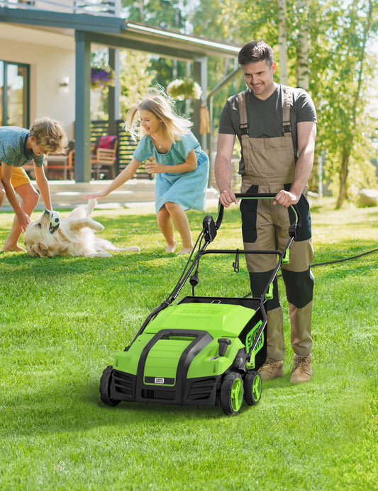SWIPESMITH 16�� 15 Amp Electric Dethatcher Scarifier, Lawn with 5-Position Depth Adjustment, 14.5 Gal Removable Thatch Collection Bag, Quick-Fold, Keeps Health