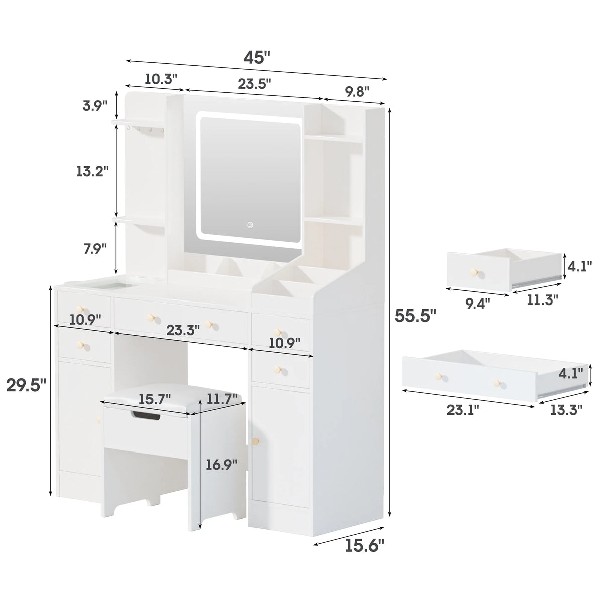 Vanity Set with Mirror and Lights, Makeup Table with Charging Station,5 Drawers & Storage Shelves, White