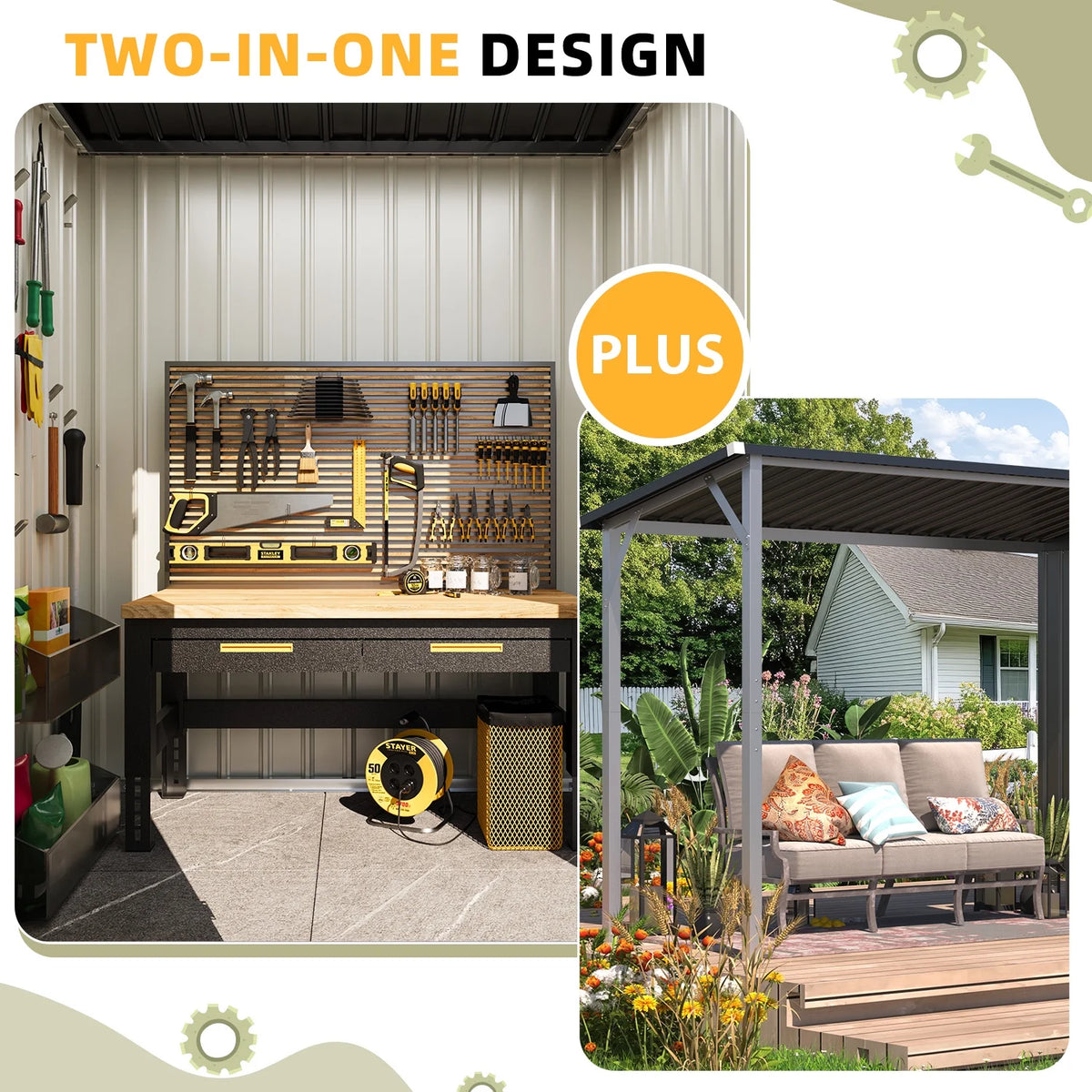 YODOLLA Outdoor Open-Sided Storage Shed, 3x5 Sheds & Outdoor Storage with 15 Sq. Ft Covered, 5x3 Small 2-in-1 Tool Shed with Attached Hardtop Metal Pergola Gazebo