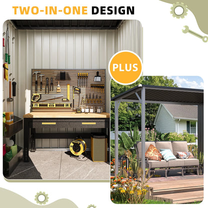YODOLLA Outdoor Open-Sided Storage Shed, 3x5 Sheds & Outdoor Storage with 15 Sq. Ft Covered, 5x3 Small 2-in-1 Tool Shed with Attached Hardtop Metal Pergola Gazebo