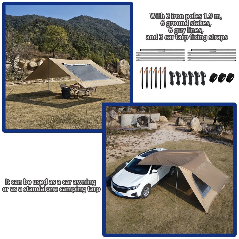 118x196in Car Side Awning with Pole Outdoor Camping Tent Tarp Waterproof Canopy Shade Sun Shelter with mesh