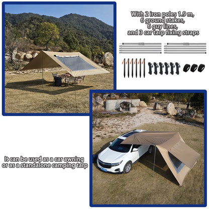 118x196in Car Side Awning with Pole Outdoor Camping Tent Tarp Waterproof Canopy Shade Sun Shelter with mesh