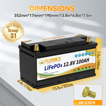 12V 100Ah LiFePO4 Lithium Battery with a Charger,for RV,Marine,Solar,Trolling Motor,Camping,Home Energy Storage,Built in 100A BMS,15000+Deep Cycles