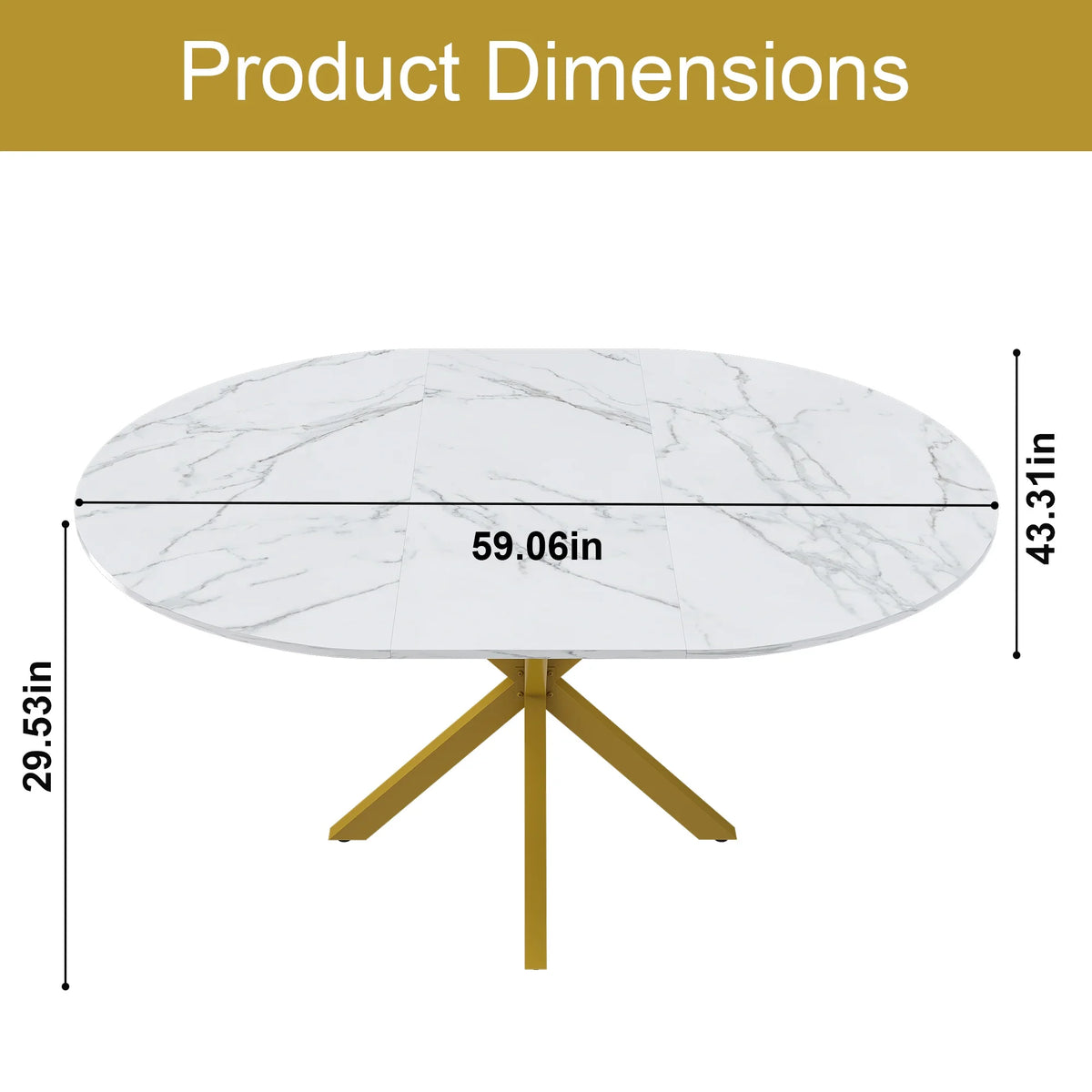 UHOMEPRO Extendable Dining Table with Extendable Blades, Modern Round Kitchen Table with Faux Marble Tabletop, Single Dining Room Table with Carbon Steel X-shaped Base for Dining Room, White+Gold