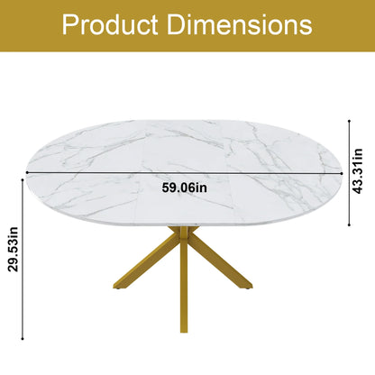 UHOMEPRO Extendable Dining Table with Extendable Blades, Modern Round Kitchen Table with Faux Marble Tabletop, Single Dining Room Table with Carbon Steel X-shaped Base for Dining Room, White+Gold