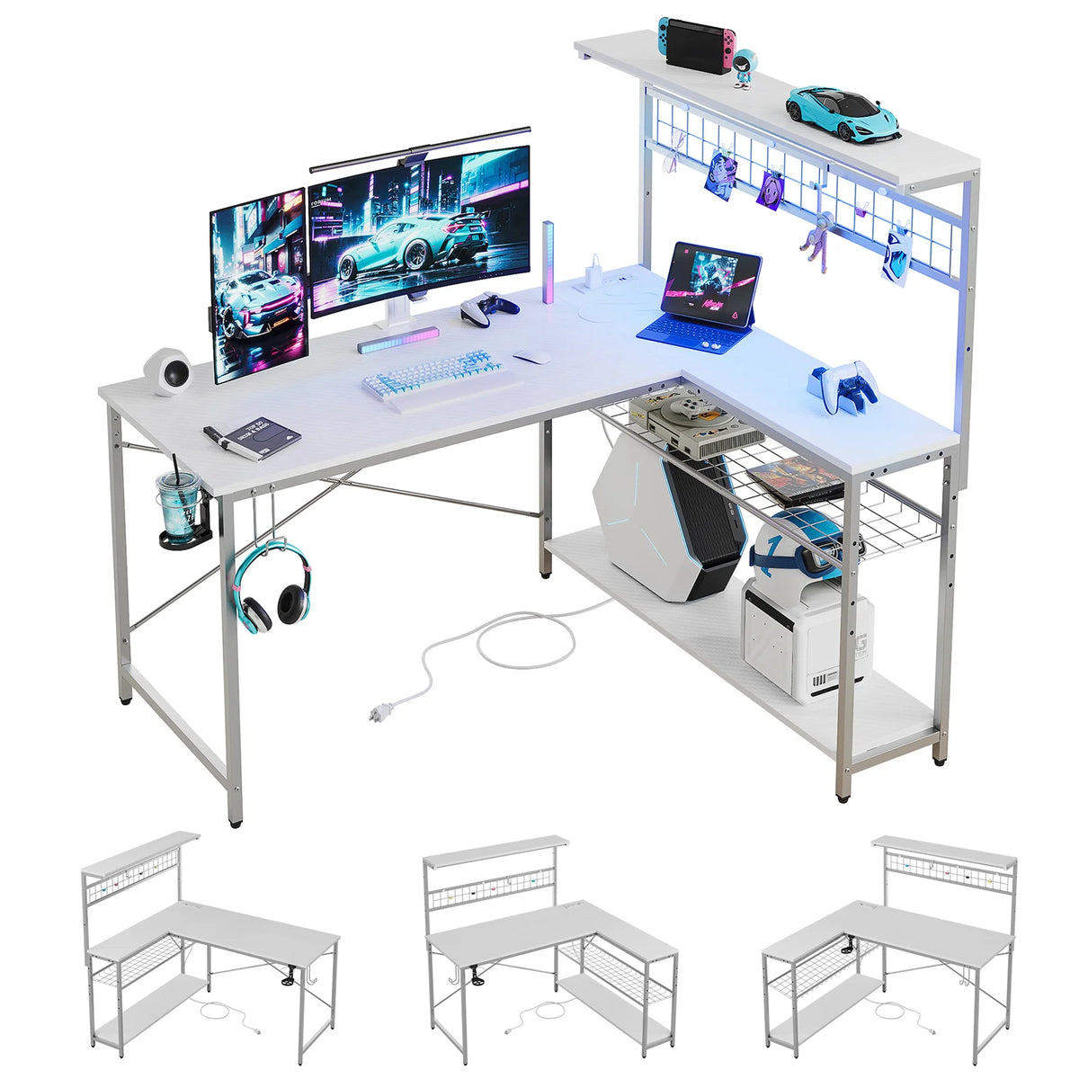 Bestier 51 L Shaped Gaming Desk with Power Outlets & LED Light, Computer Desk with 4 Tiers Shelves for Home Office, Reversible Gamer Table with Hooks and Cup Holder, Carbon Fiber