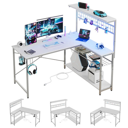 Bestier 51 L Shaped Gaming Desk with Power Outlets & LED Light, Computer Desk with 4 Tiers Shelves for Home Office, Reversible Gamer Table with Hooks and Cup Holder, Carbon Fiber